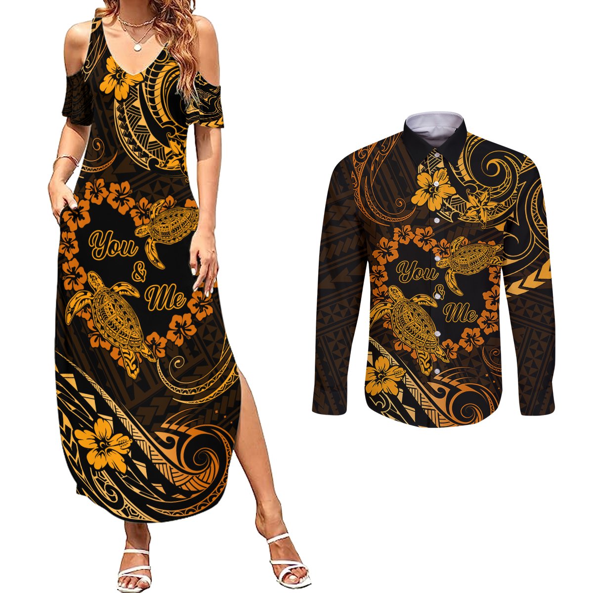 Polynesian Turtle Valentine Couples Matching Summer Maxi Dress and Long Sleeve Button Shirt You And Me Gold Hibiscus Heart LT01 Gold - Polynesian Pride