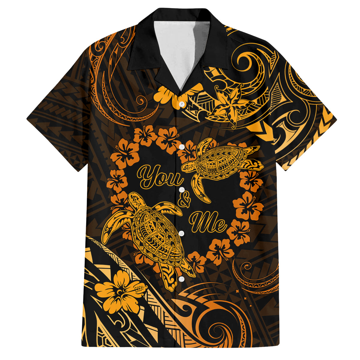 Polynesian Turtle Valentine Family Matching Long Sleeve Bodycon Dress and Hawaiian Shirt You And Me Gold Hibiscus Heart LT01 Dad's Shirt - Short Sleeve Gold - Polynesian Pride
