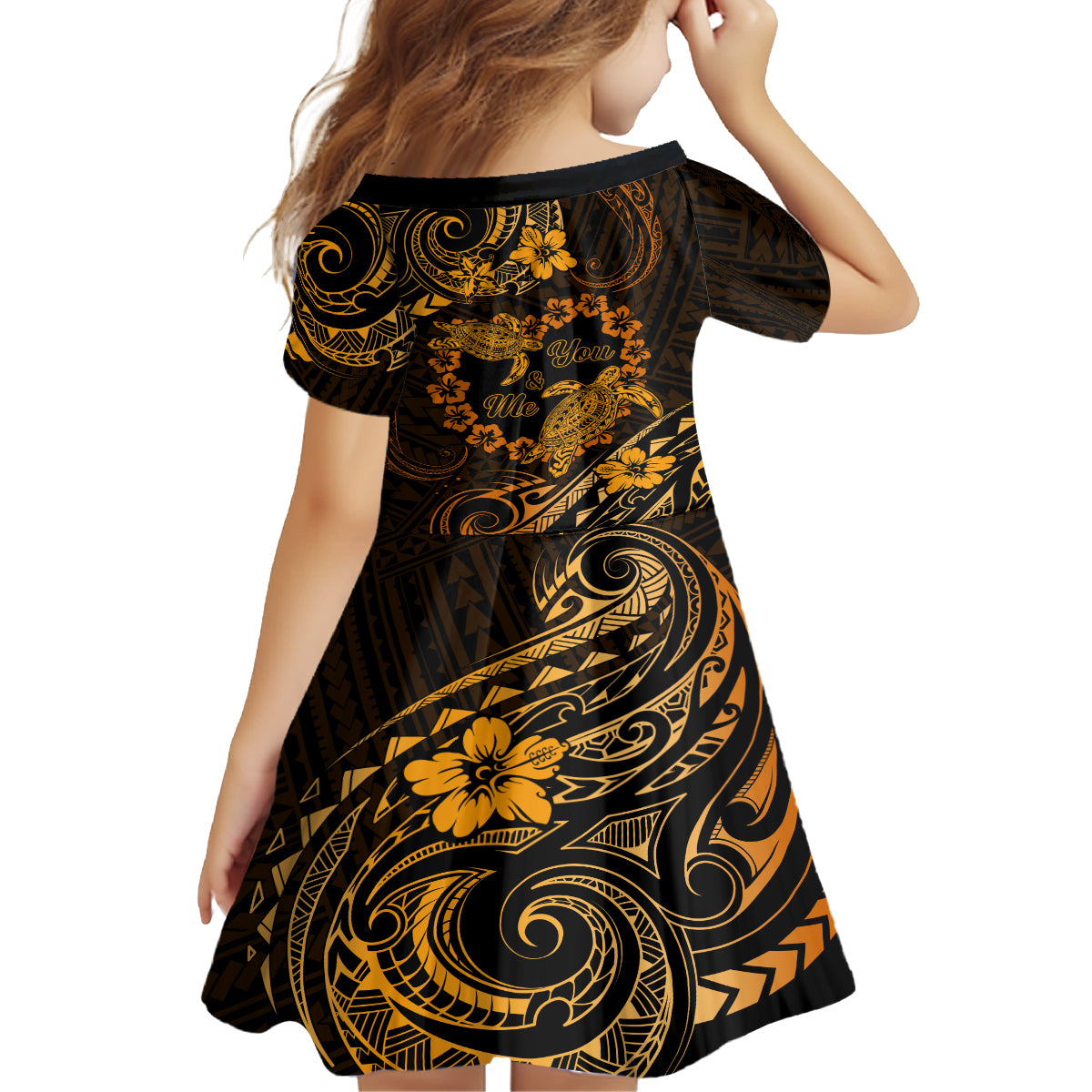 Polynesian Turtle Valentine Family Matching Off Shoulder Maxi Dress and Hawaiian Shirt You And Me Gold Hibiscus Heart LT01 - Polynesian Pride