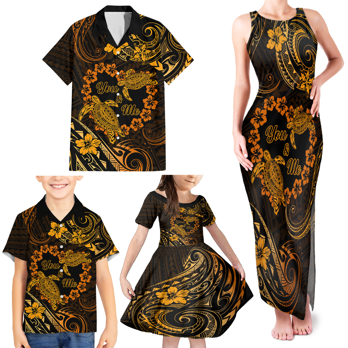 Polynesian Turtle Valentine Family Matching Tank Maxi Dress and Hawaiian Shirt You And Me Gold Hibiscus Heart LT01 - Polynesian Pride