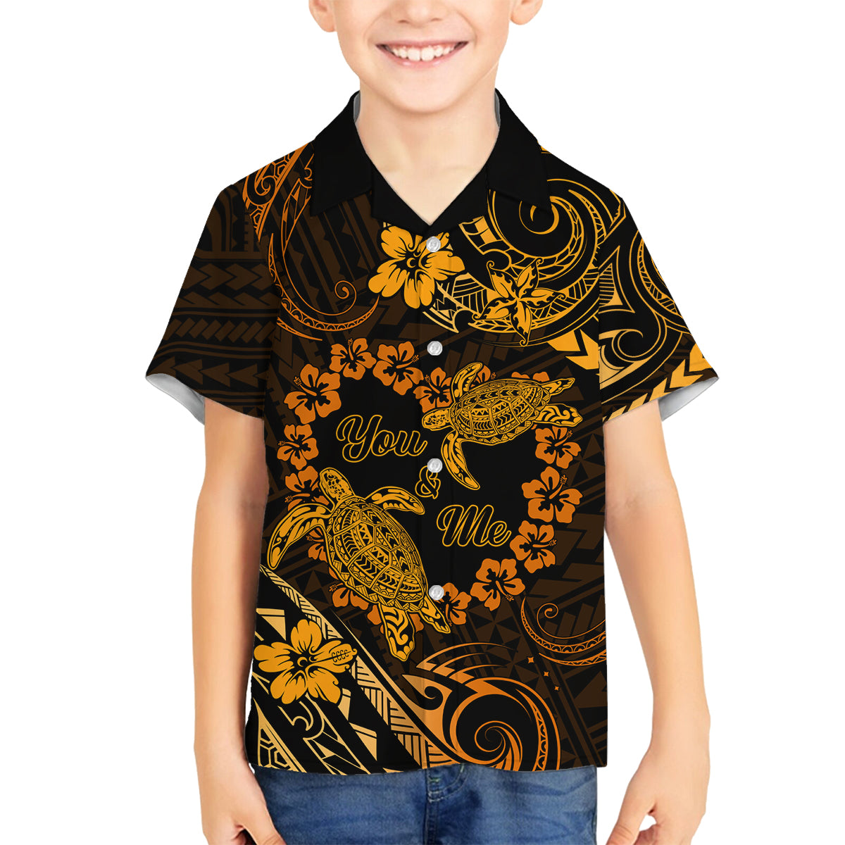 Polynesian Turtle Valentine Family Matching Tank Maxi Dress and Hawaiian Shirt You And Me Gold Hibiscus Heart LT01 Son's Shirt Gold - Polynesian Pride