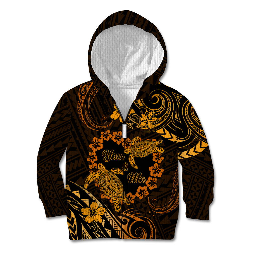 Polynesian Turtle Valentine Kid Hoodie You And Me Gold Hibiscus Heart LT01 Zip Hoodie Gold - Polynesian Pride