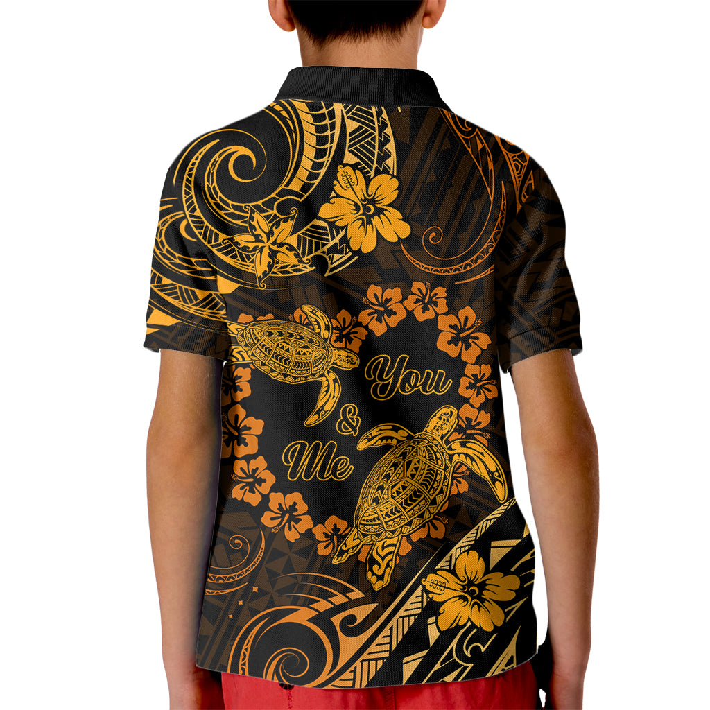 Polynesian Turtle Valentine Kid Polo Shirt You And Me Gold Hibiscus Heart LT01 - Polynesian Pride