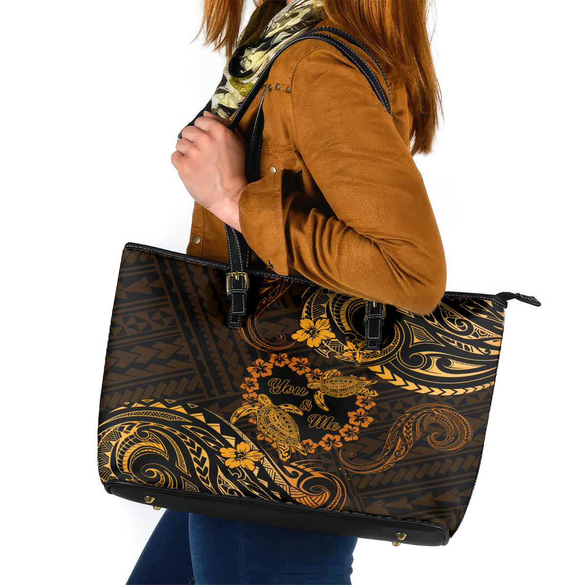 Polynesian Turtle Valentine Leather Tote Bag You And Me Gold Hibiscus Heart LT01 Gold - Polynesian Pride