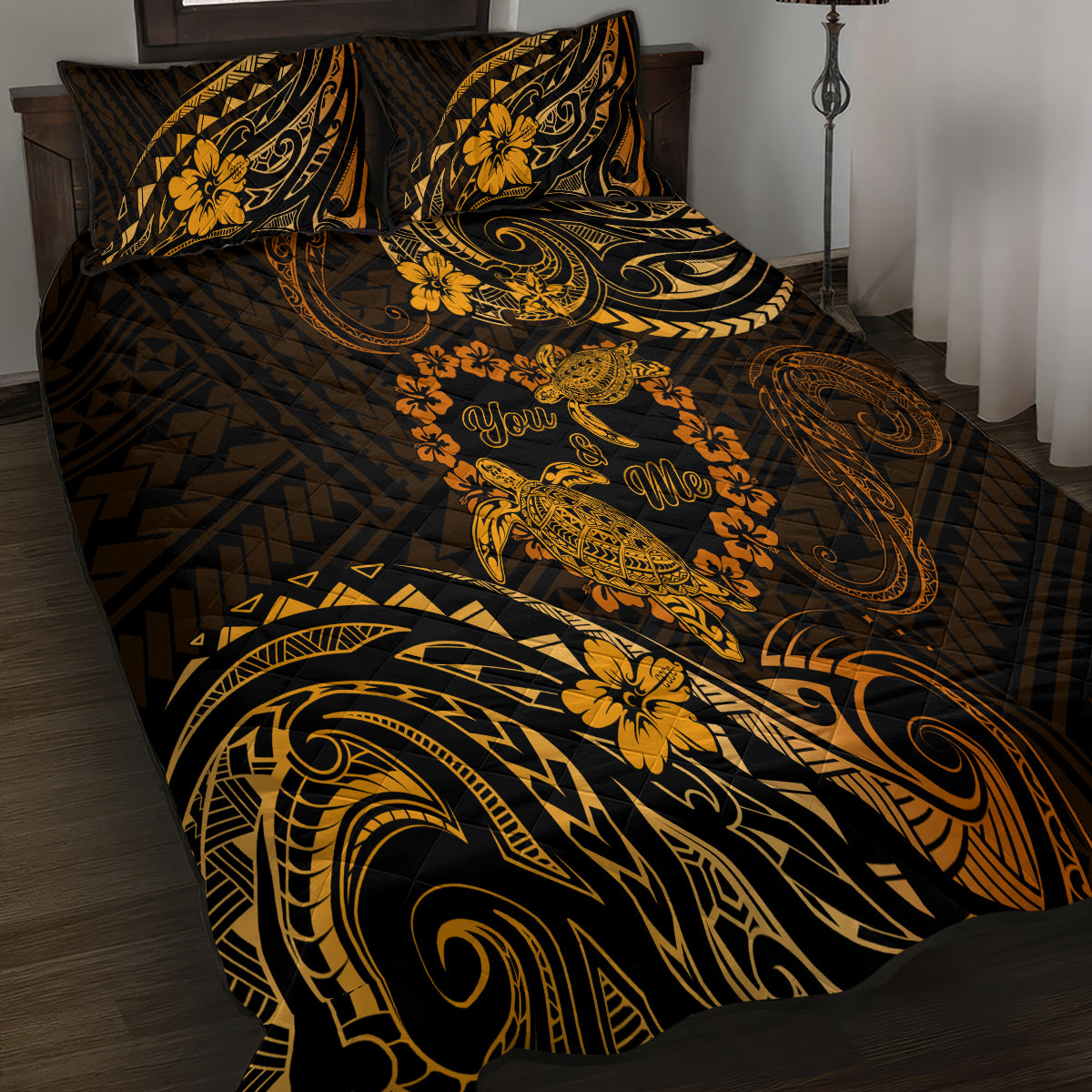 Polynesian Turtle Valentine Quilt Bed Set You And Me Gold Hibiscus Heart LT01 - Polynesian Pride