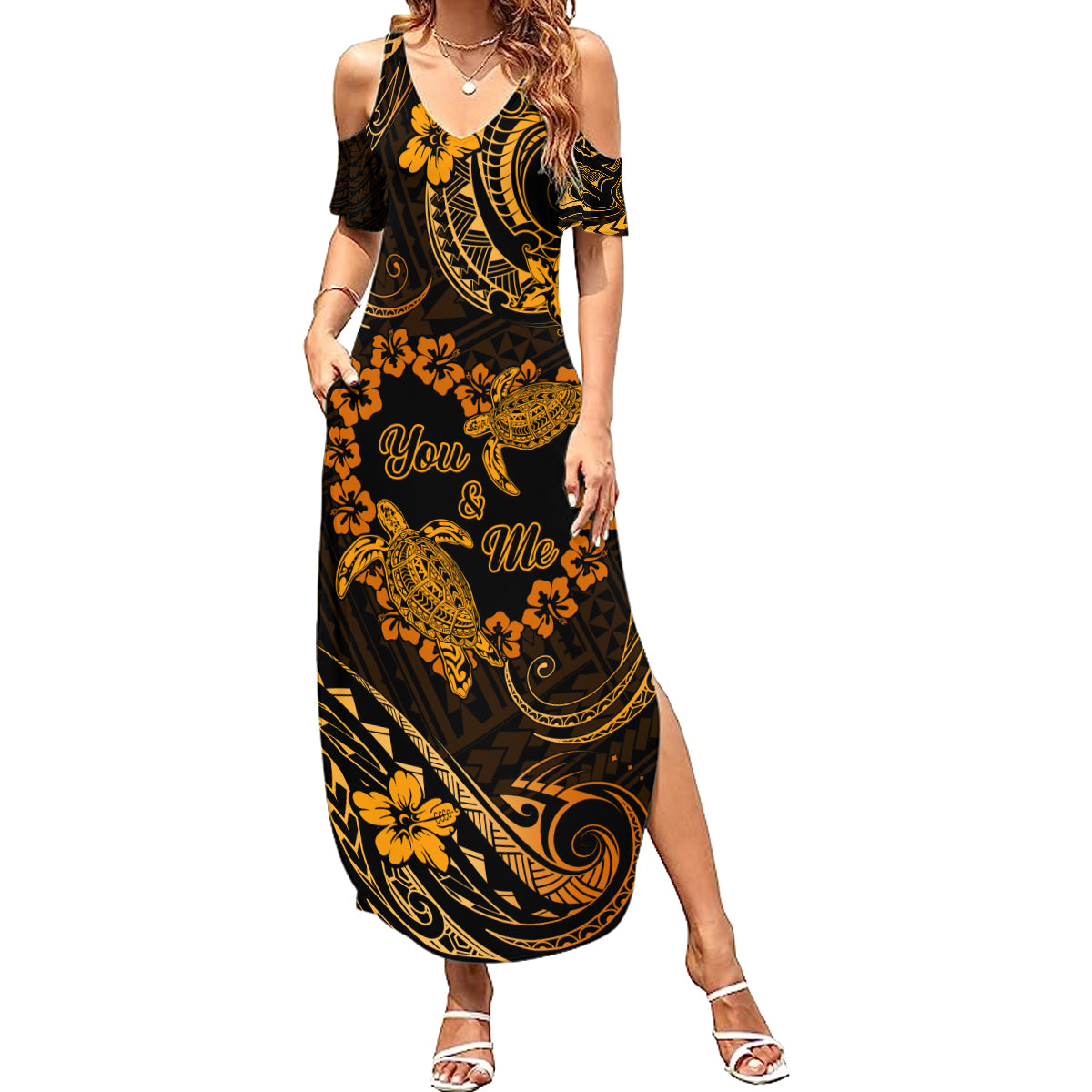 Polynesian Turtle Valentine Summer Maxi Dress You And Me Gold Hibiscus Heart LT01 Women Gold - Polynesian Pride