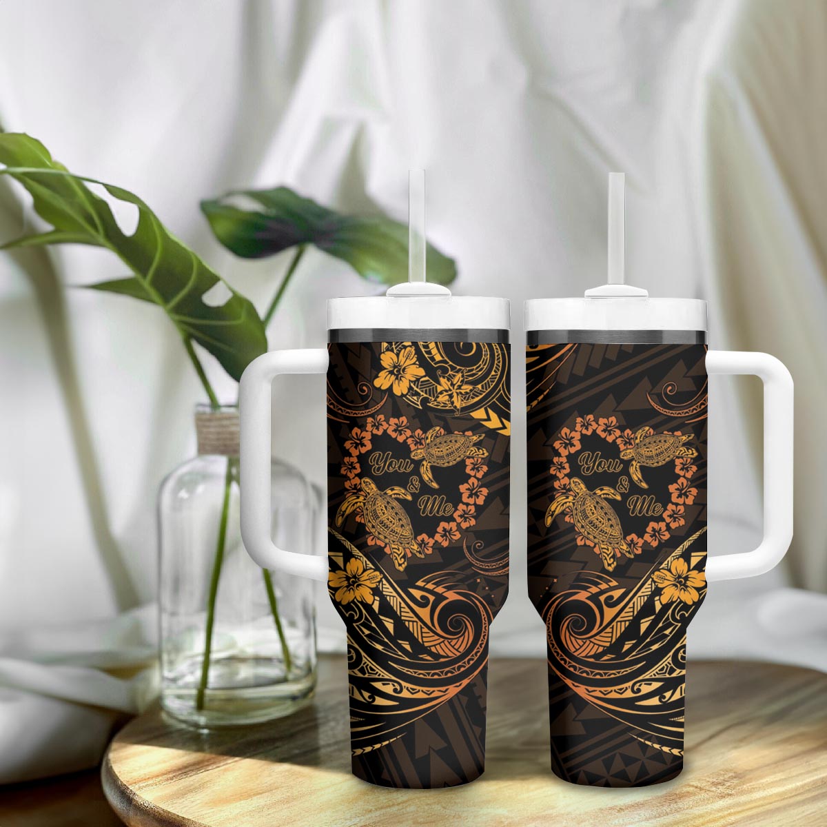 Polynesian Turtle Valentine Tumbler With Handle You And Me Gold Hibiscus Heart