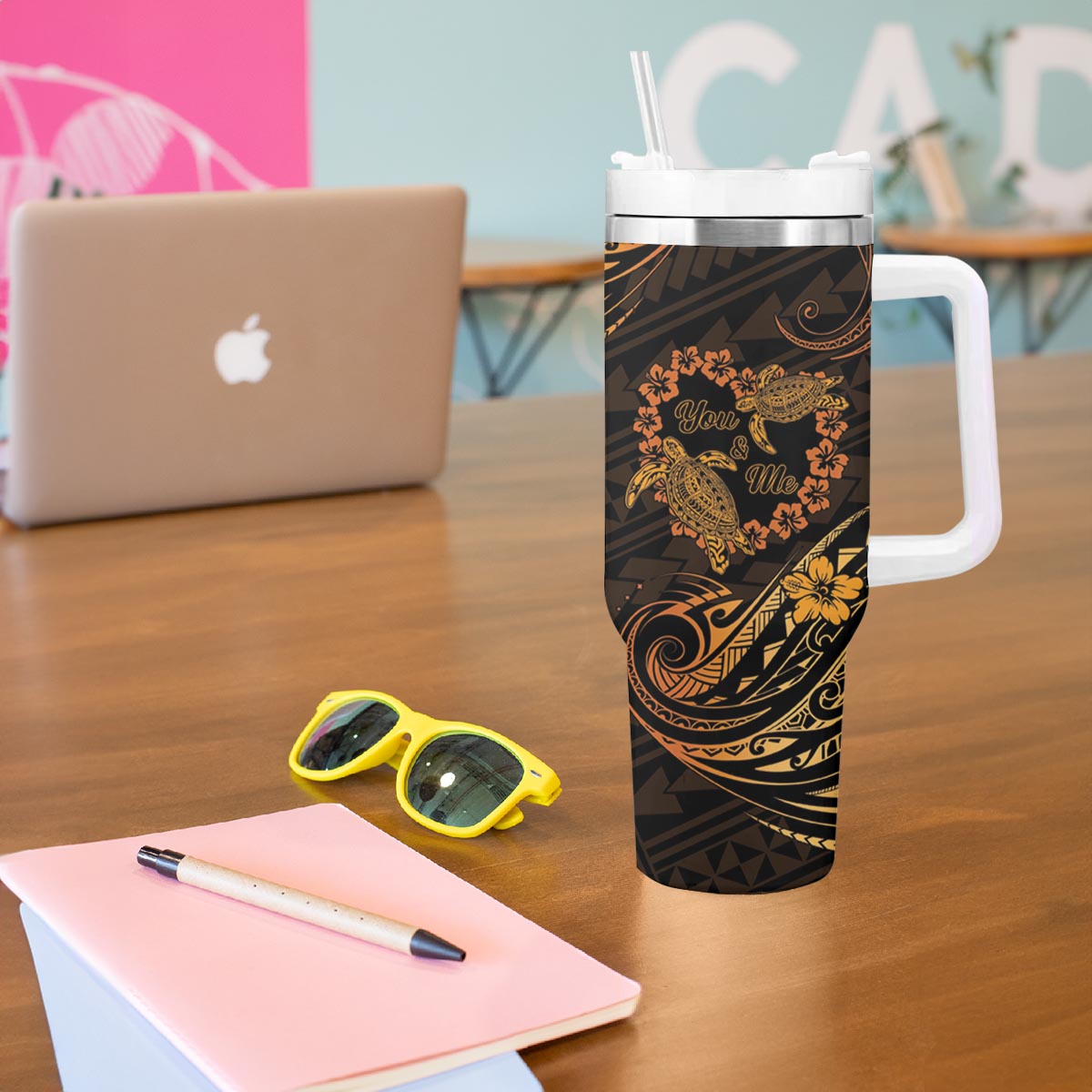 Polynesian Turtle Valentine Tumbler With Handle You And Me Gold Hibiscus Heart