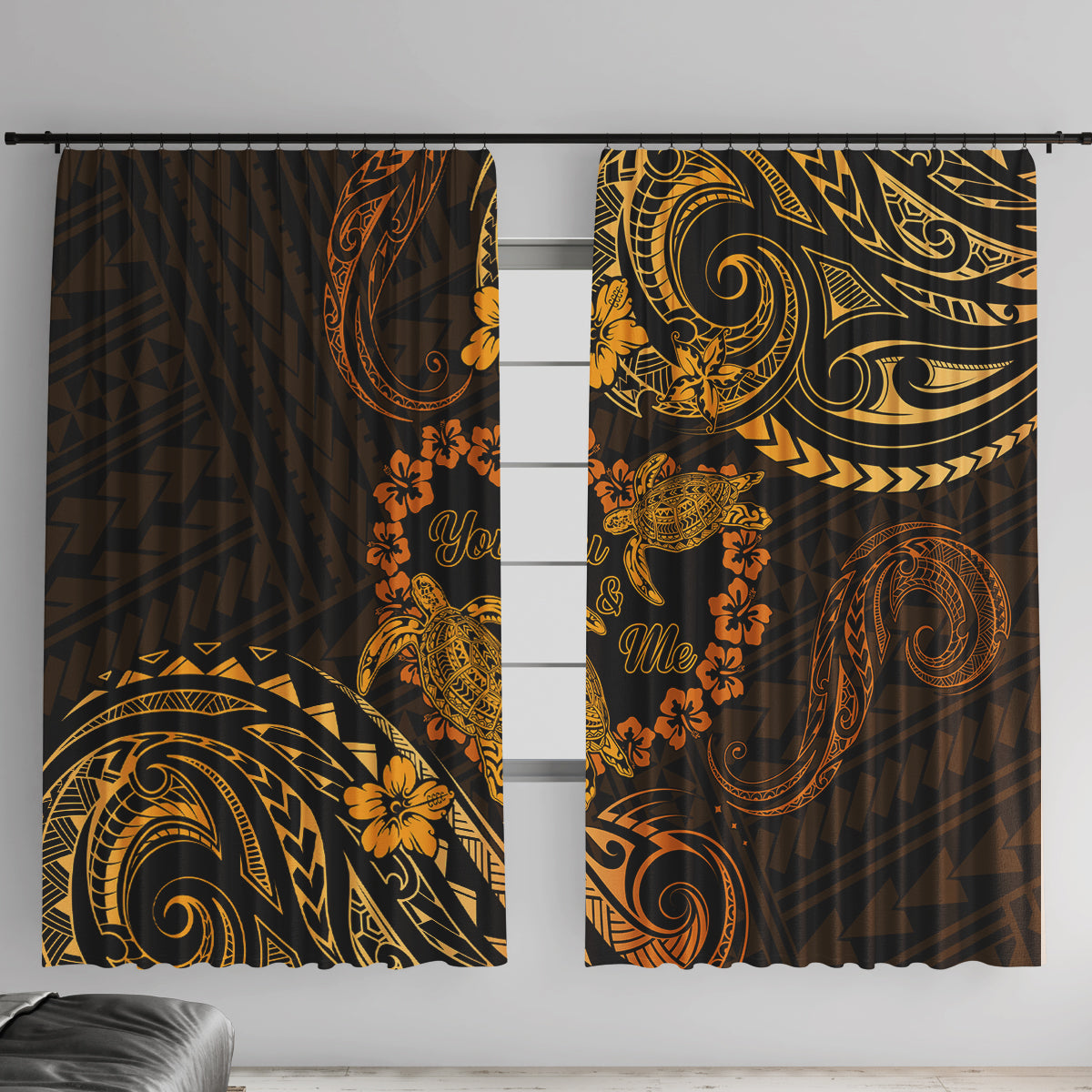 Polynesian Turtle Valentine Window Curtain You And Me Gold Hibiscus Heart LT01 With Hooks Gold - Polynesian Pride