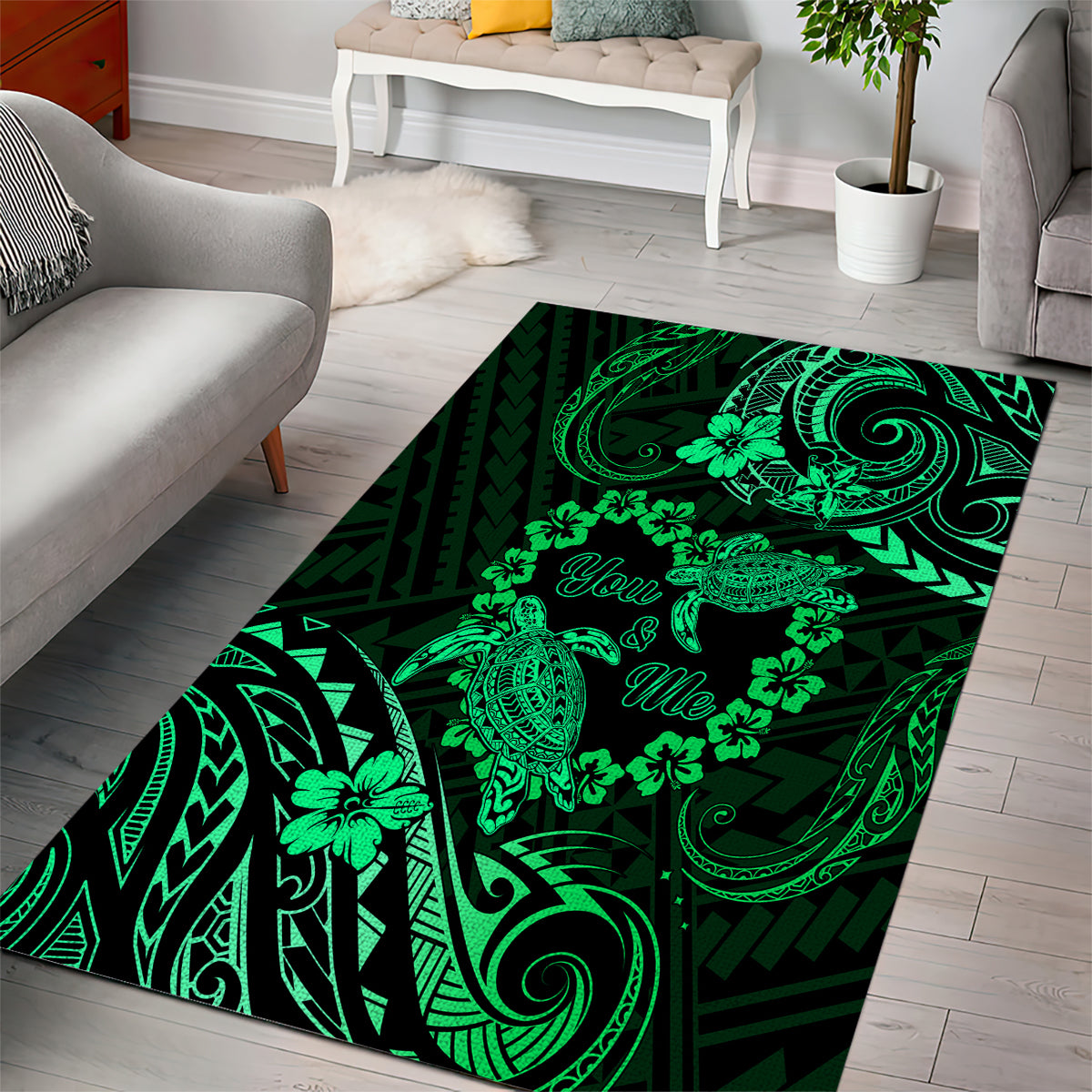 Polynesian Turtle Valentine Area Rug You And Me Green Hibiscus Heart LT01 - Polynesian Pride