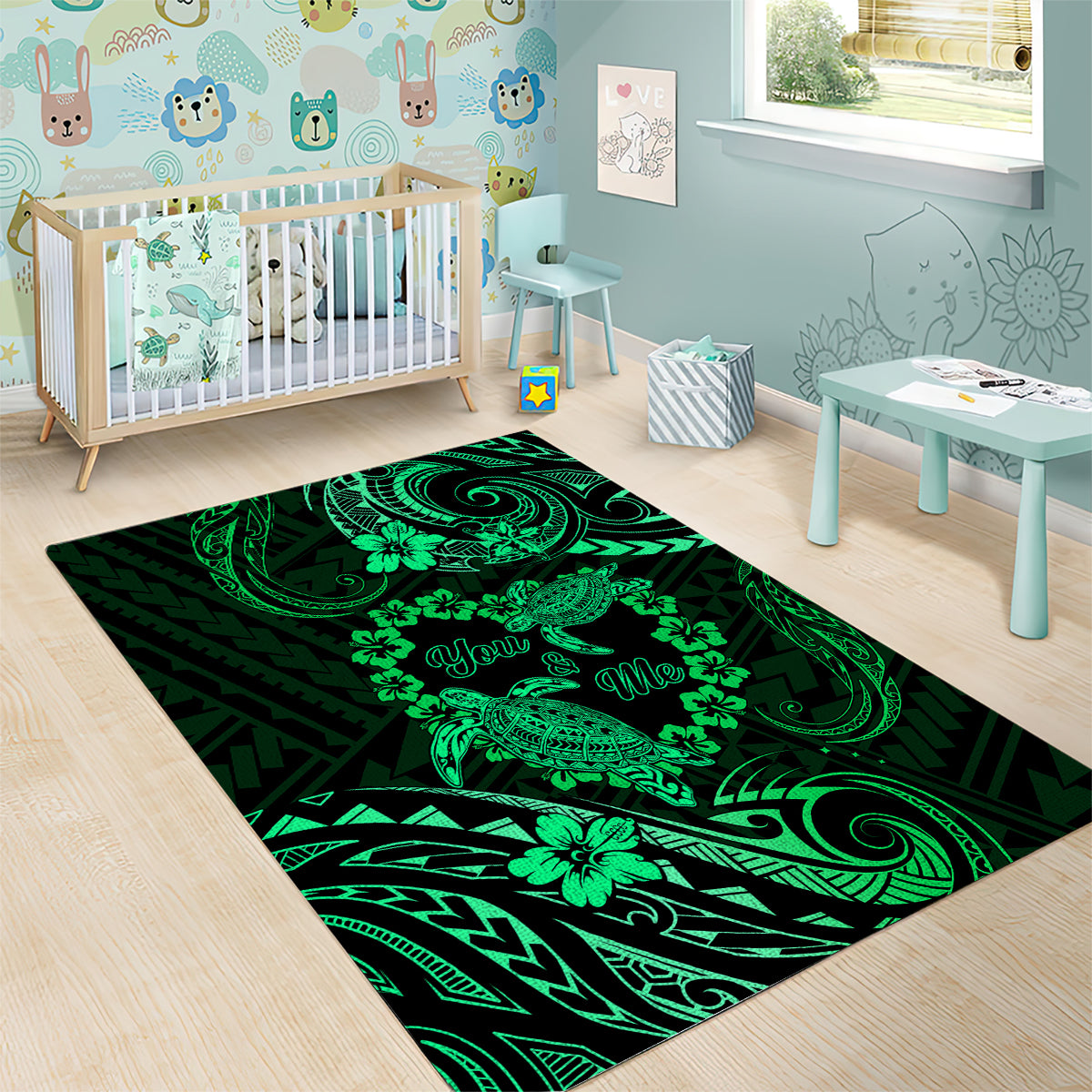 Polynesian Turtle Valentine Area Rug You And Me Green Hibiscus Heart LT01 - Polynesian Pride