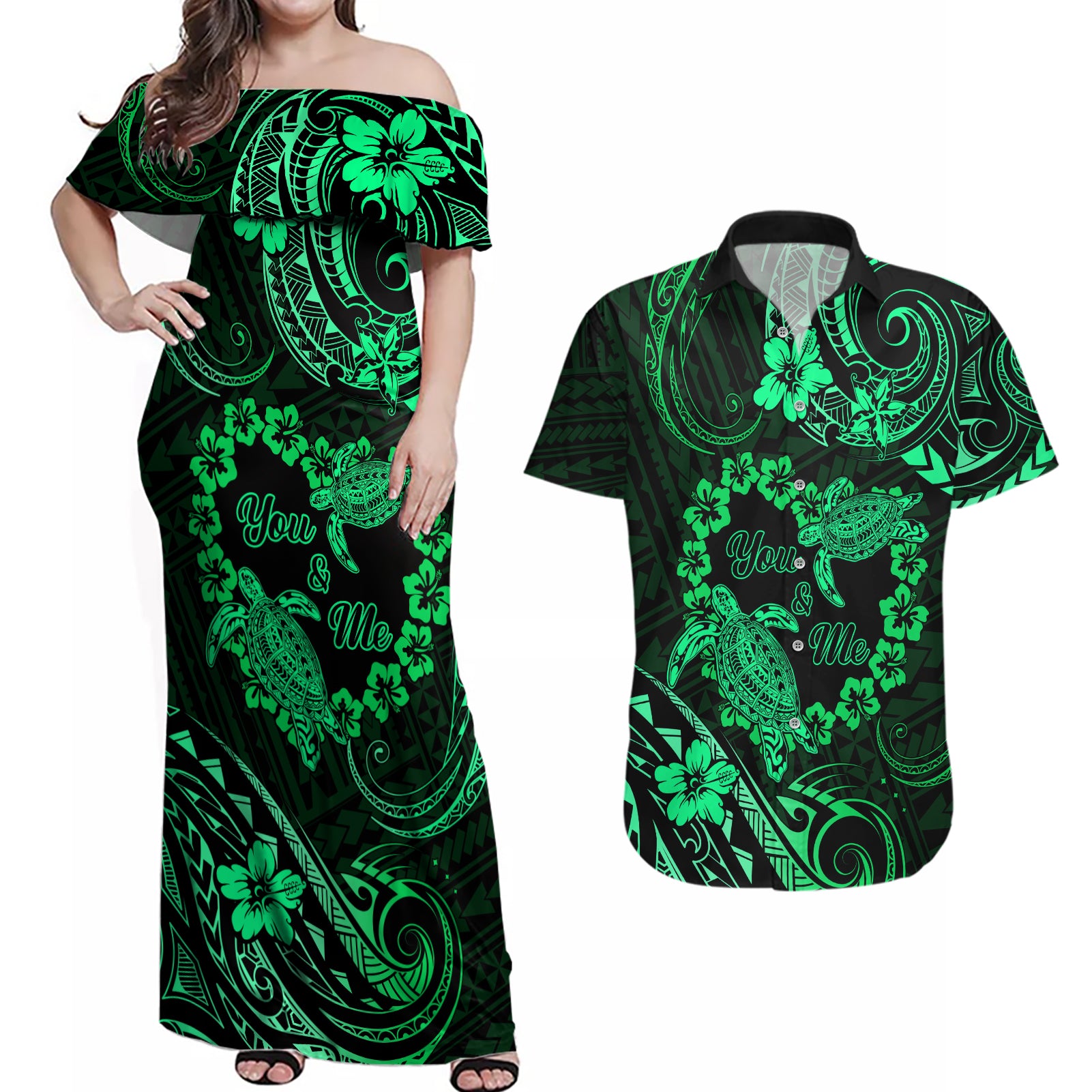 Polynesian Turtle Valentine Couples Matching Off Shoulder Maxi Dress and Hawaiian Shirt You And Me Green Hibiscus Heart LT01 Green - Polynesian Pride