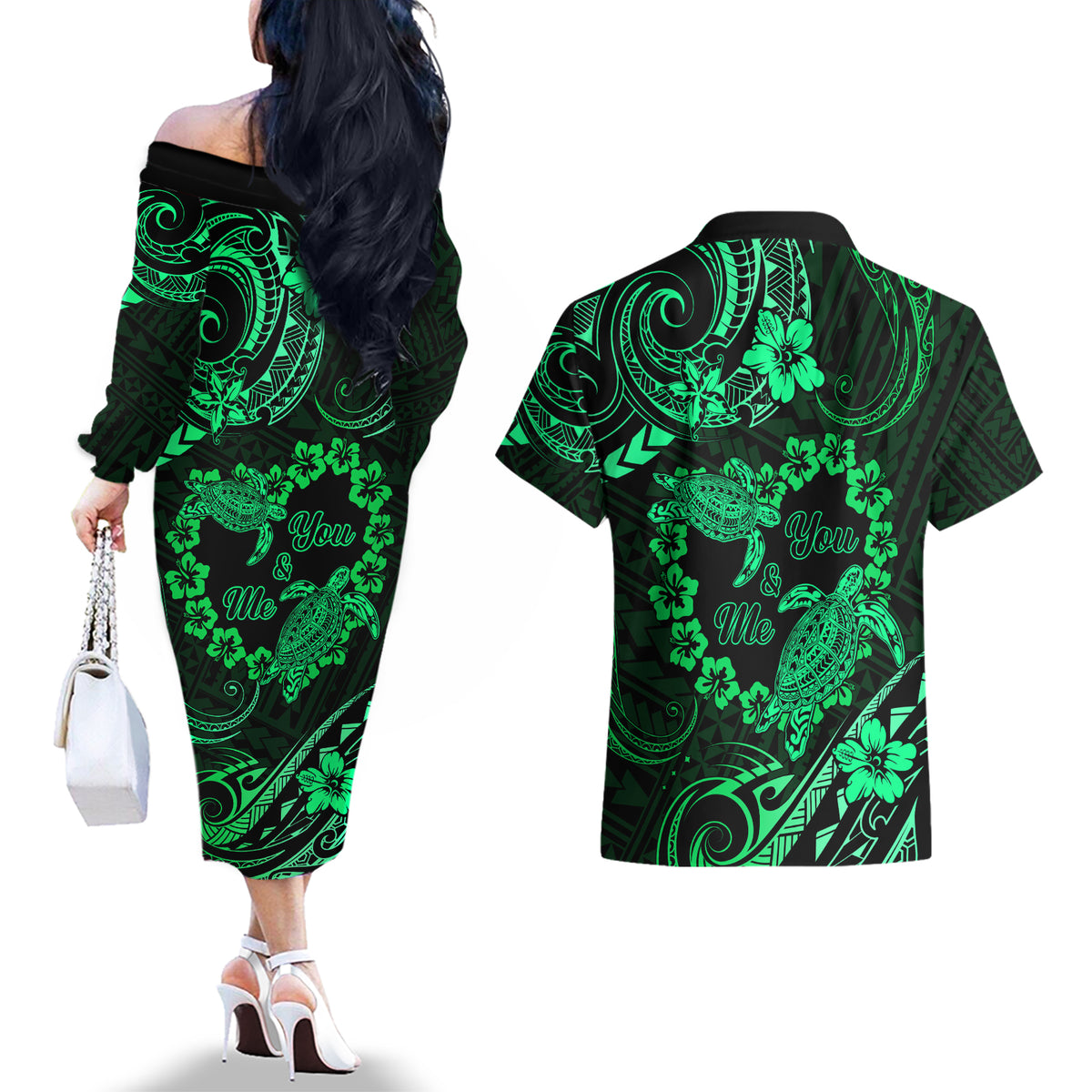 Polynesian Turtle Valentine Couples Matching Off The Shoulder Long Sleeve Dress and Hawaiian Shirt You And Me Green Hibiscus Heart LT01 - Polynesian Pride