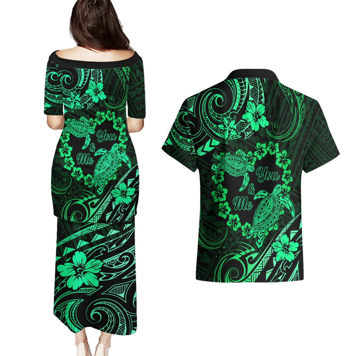 Polynesian Turtle Valentine Couples Matching Puletasi and Hawaiian Shirt You And Me Green Hibiscus Heart LT01 - Polynesian Pride