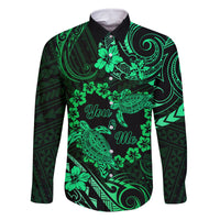 Polynesian Turtle Valentine Family Matching Off Shoulder Short Dress and Hawaiian Shirt You And Me Green Hibiscus Heart LT01 Dad's Shirt - Long Sleeve Green - Polynesian Pride