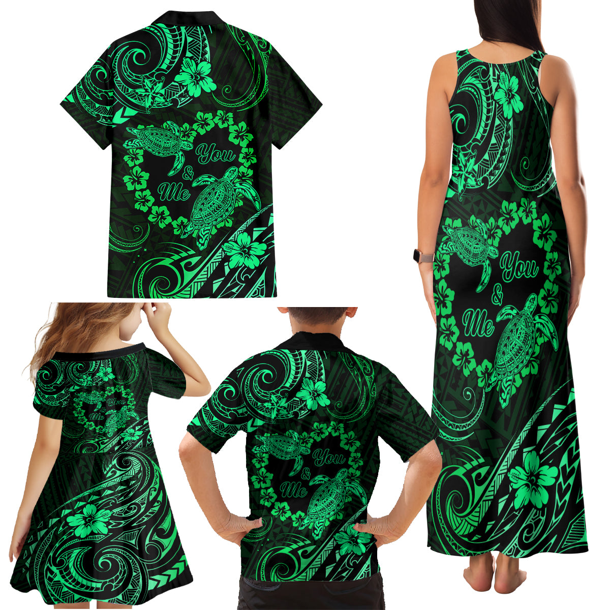 Polynesian Turtle Valentine Family Matching Tank Maxi Dress and Hawaiian Shirt You And Me Green Hibiscus Heart LT01 - Polynesian Pride