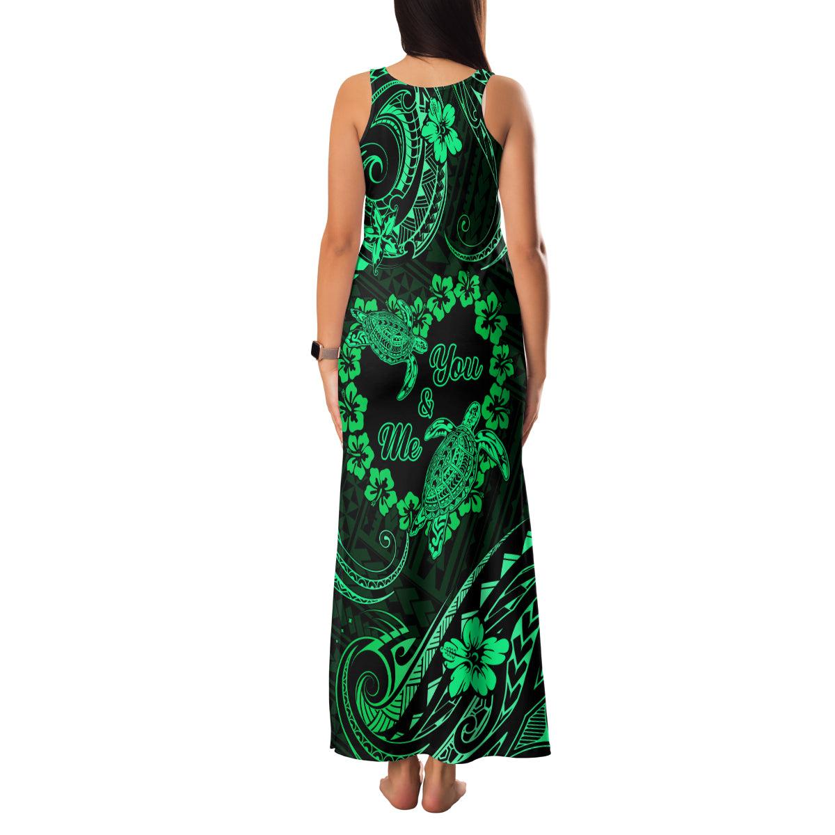 Polynesian Turtle Valentine Family Matching Tank Maxi Dress and Hawaiian Shirt You And Me Green Hibiscus Heart LT01 - Polynesian Pride