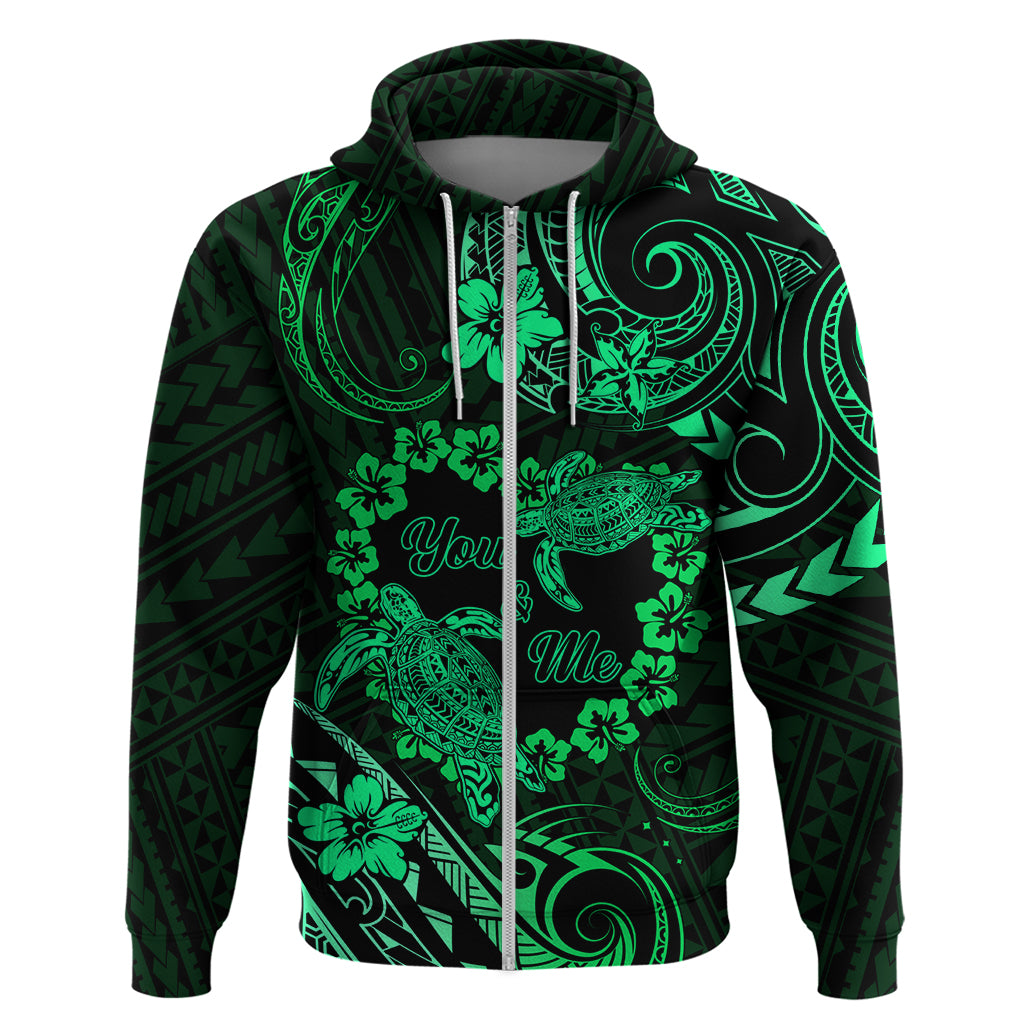Polynesian Turtle Valentine Hoodie You And Me Green Hibiscus Heart LT01 Zip Hoodie Green - Polynesian Pride