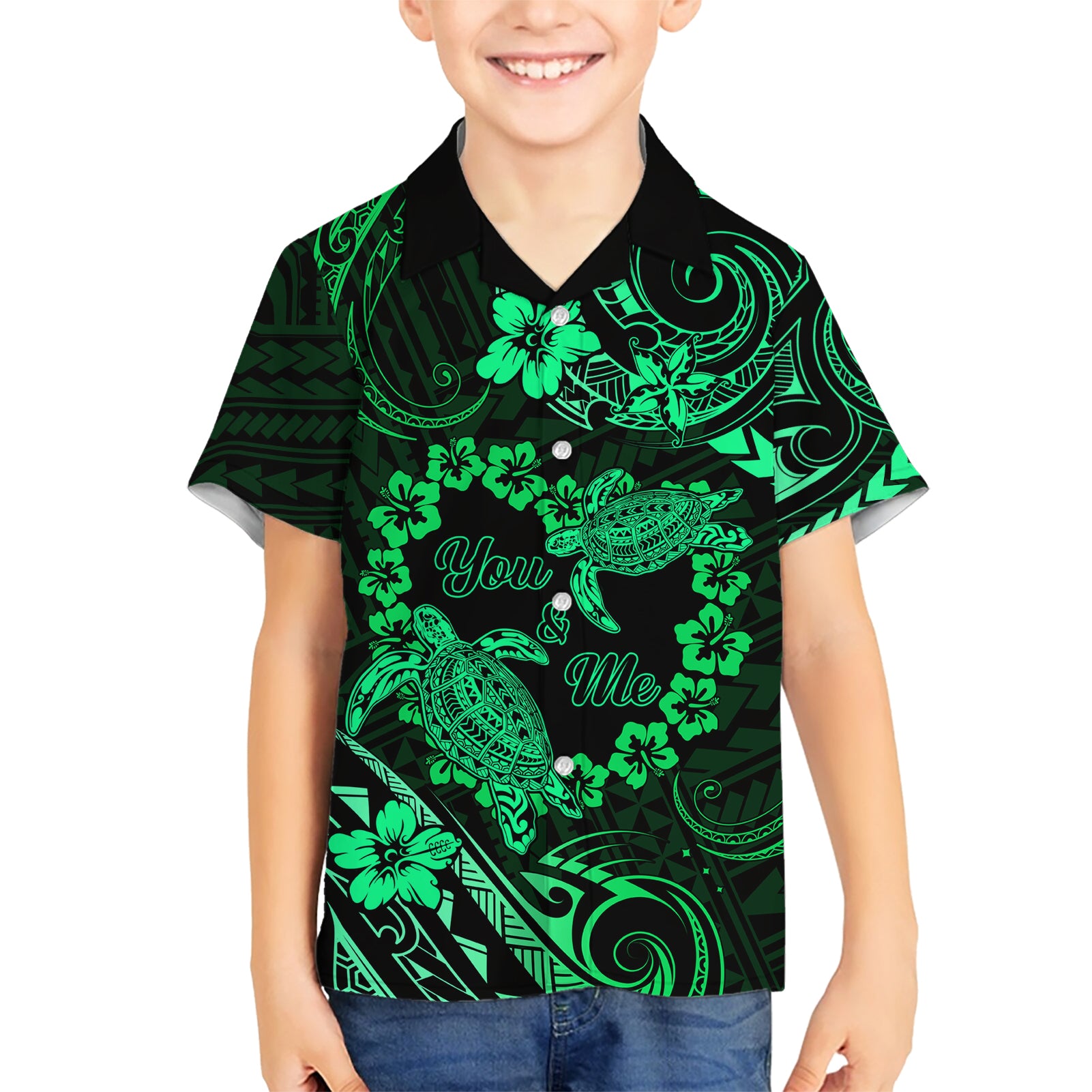 Polynesian Turtle Valentine Kid Hawaiian Shirt You And Me Green Hibiscus Heart LT01 Kid Green - Polynesian Pride