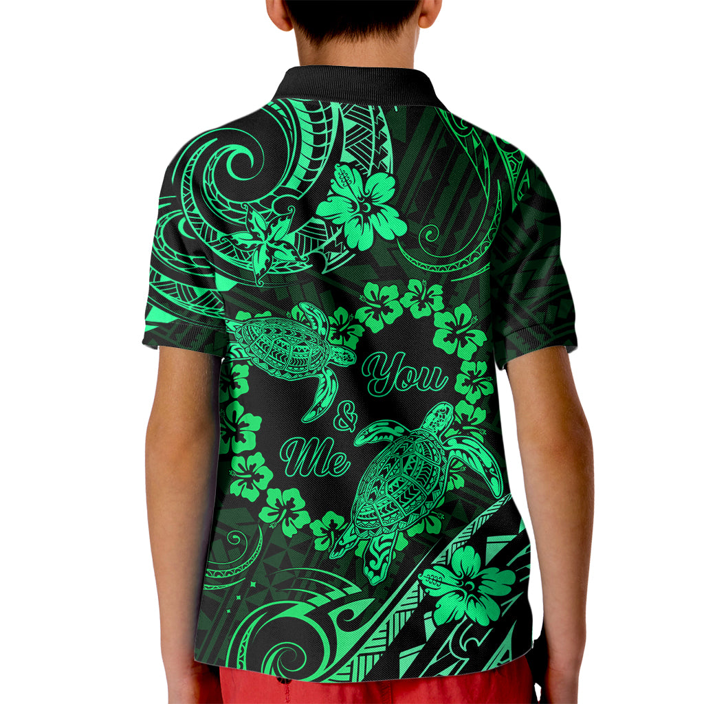 Polynesian Turtle Valentine Kid Polo Shirt You And Me Green Hibiscus Heart LT01 - Polynesian Pride