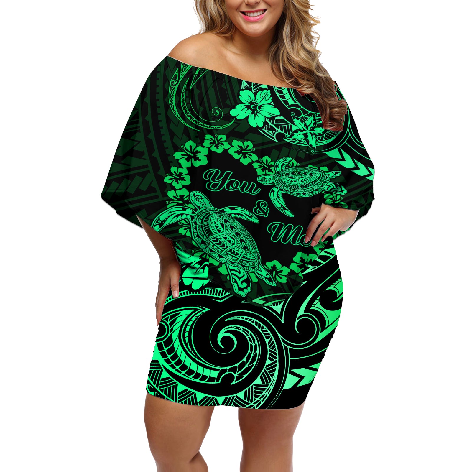 Polynesian Turtle Valentine Off Shoulder Short Dress You And Me Green Hibiscus Heart LT01 Women Green - Polynesian Pride