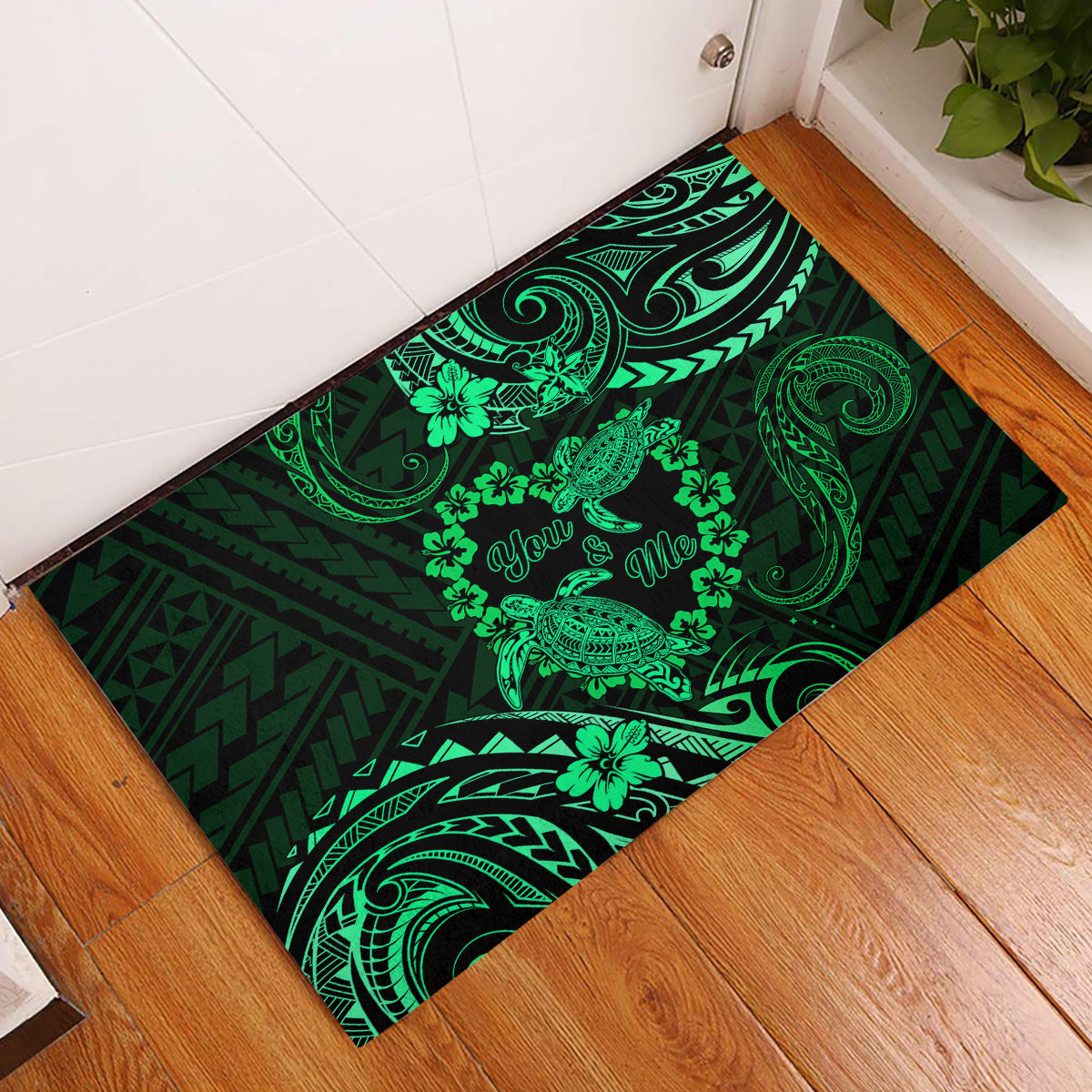 Polynesian Turtle Valentine Rubber Doormat You And Me Green Hibiscus Heart LT01 Green - Polynesian Pride