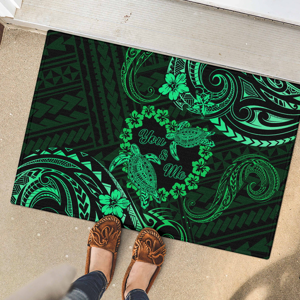 Polynesian Turtle Valentine Rubber Doormat You And Me Green Hibiscus Heart LT01 - Polynesian Pride
