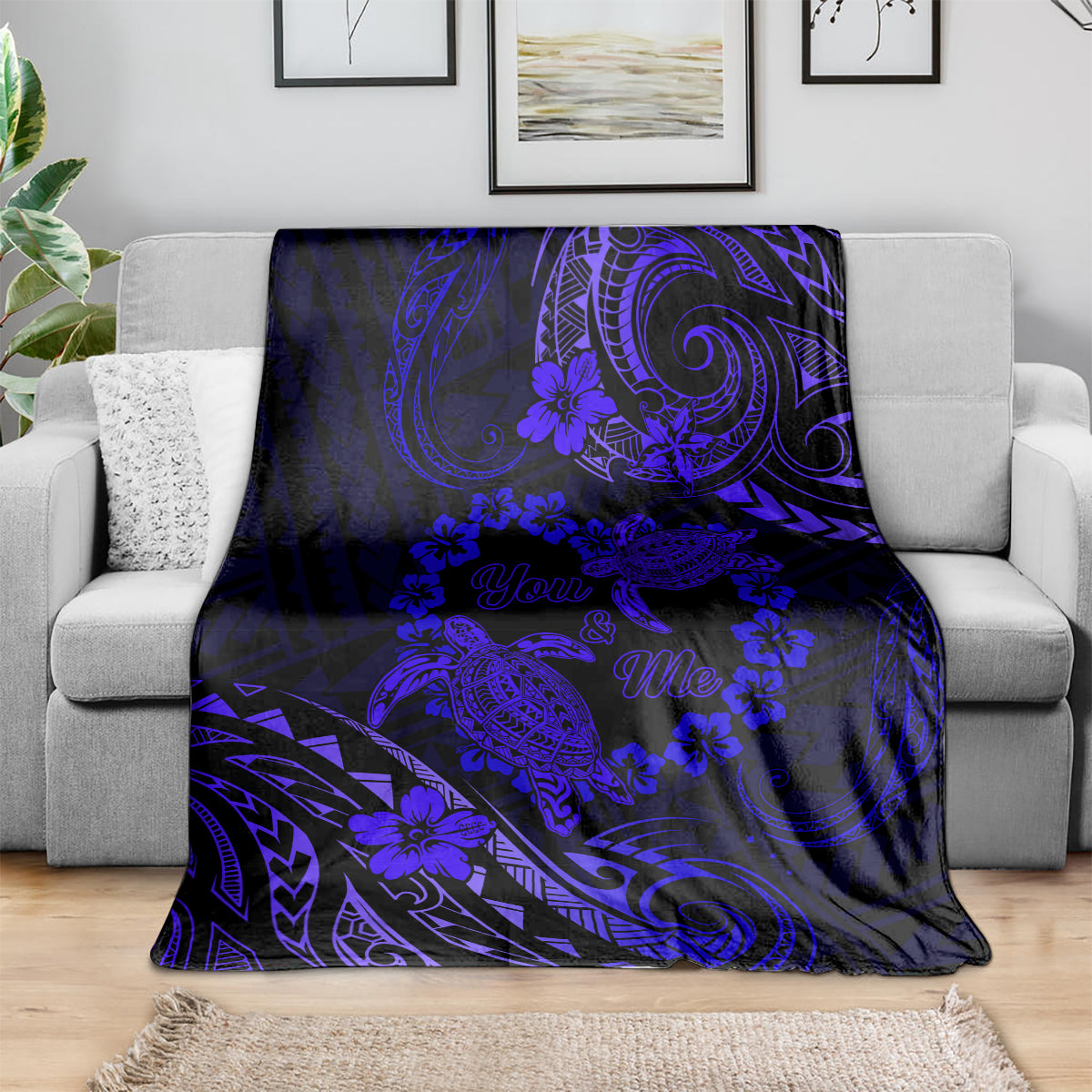 Polynesian Turtle Valentine Blanket You And Me Navy Blue Hibiscus Heart LT01 - Polynesian Pride