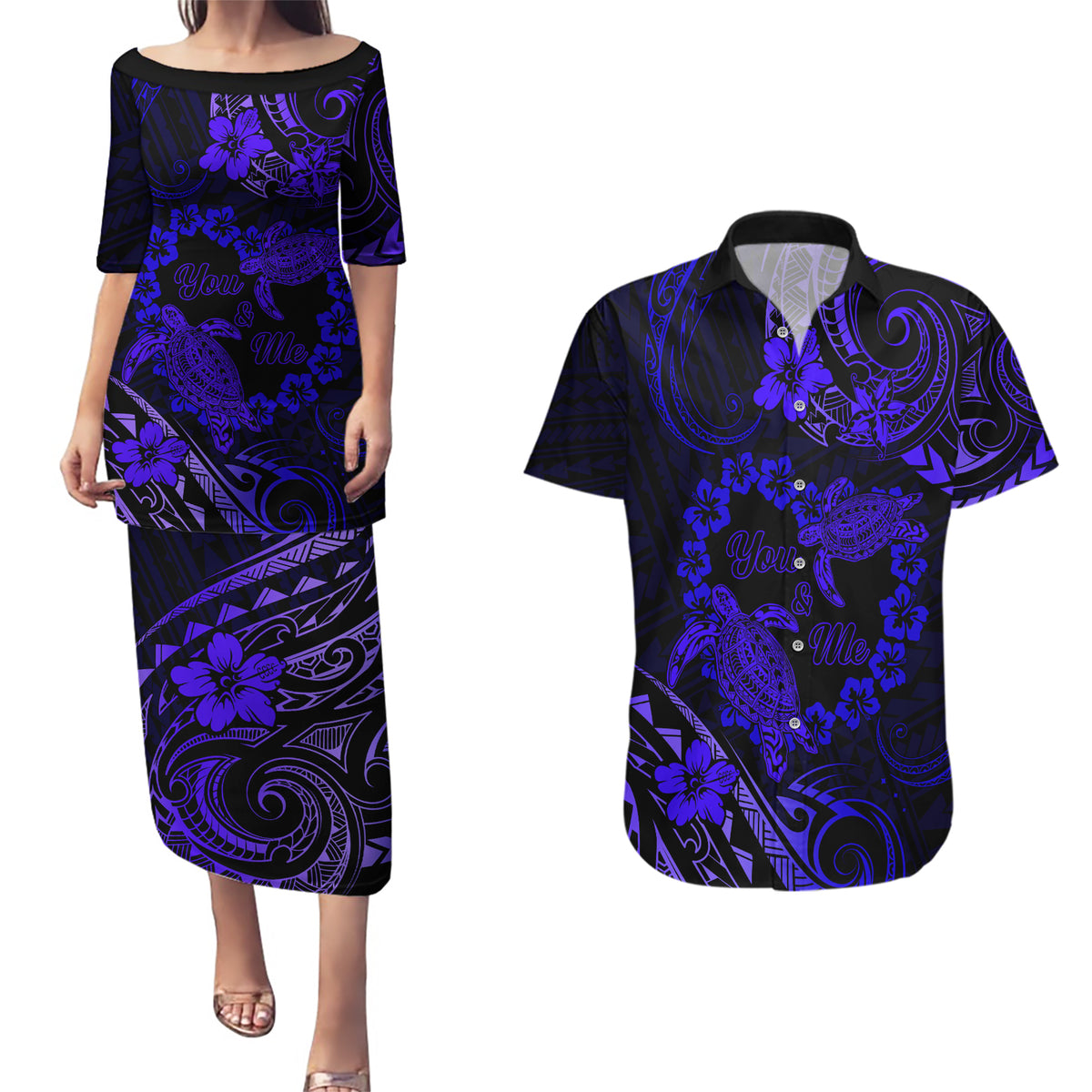 Polynesian Turtle Valentine Couples Matching Puletasi and Hawaiian Shirt You And Me Navy Blue Hibiscus Heart LT01 Blue - Polynesian Pride