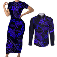 Polynesian Turtle Valentine Couples Matching Short Sleeve Bodycon Dress and Long Sleeve Button Shirt You And Me Navy Blue Hibiscus Heart LT01 Blue - Polynesian Pride