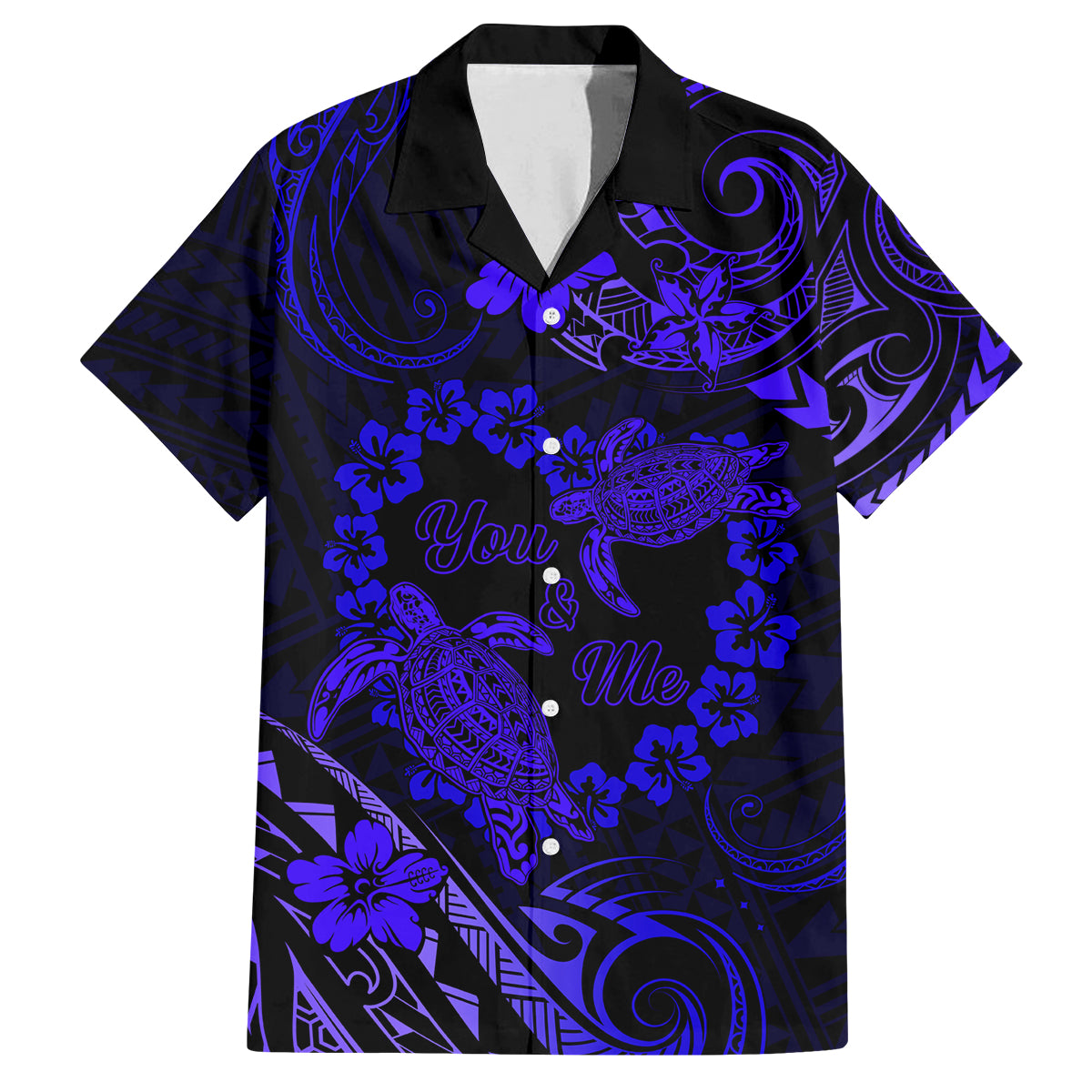 Polynesian Turtle Valentine Family Matching Long Sleeve Bodycon Dress and Hawaiian Shirt You And Me Navy Blue Hibiscus Heart LT01 Dad's Shirt - Short Sleeve Blue - Polynesian Pride