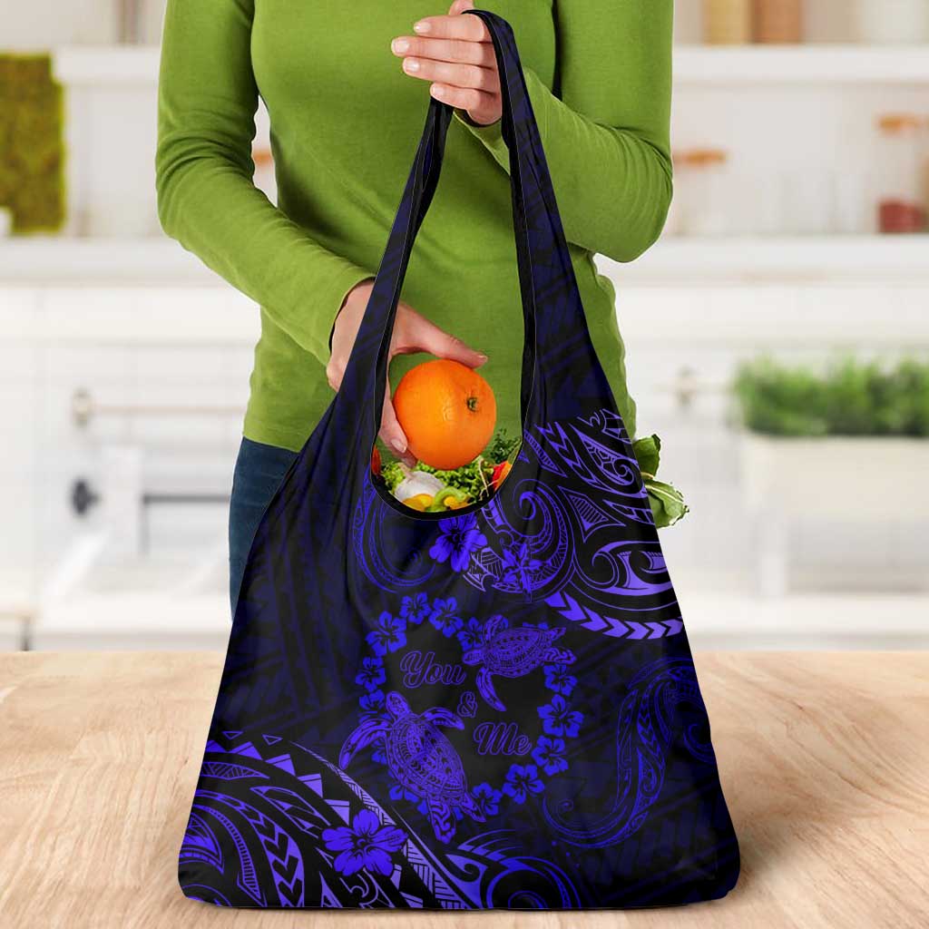 Polynesian Turtle Valentine Grocery Bag You And Me Navy Blue Hibiscus Heart