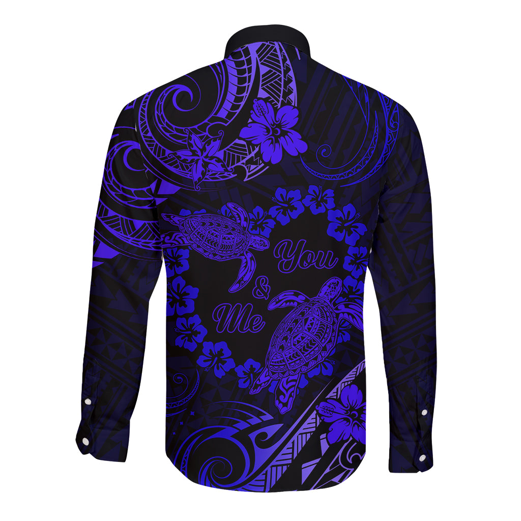 Polynesian Turtle Valentine Long Sleeve Button Shirt You And Me Navy Blue Hibiscus Heart LT01 - Polynesian Pride
