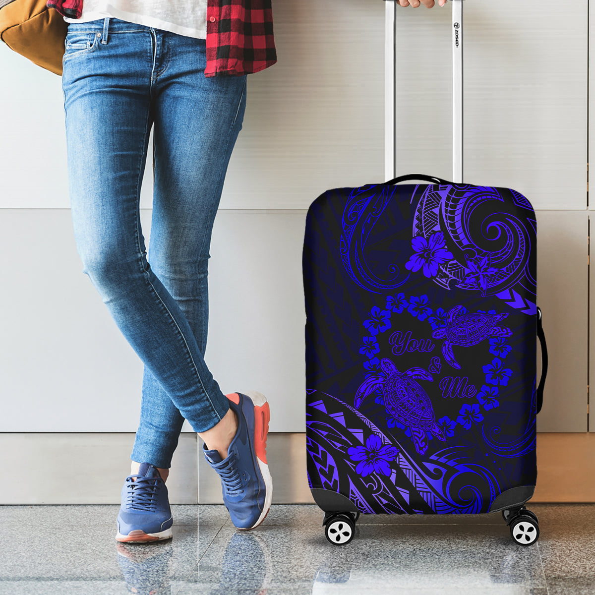Polynesian Turtle Valentine Luggage Cover You And Me Navy Blue Hibiscus Heart LT01 - Polynesian Pride