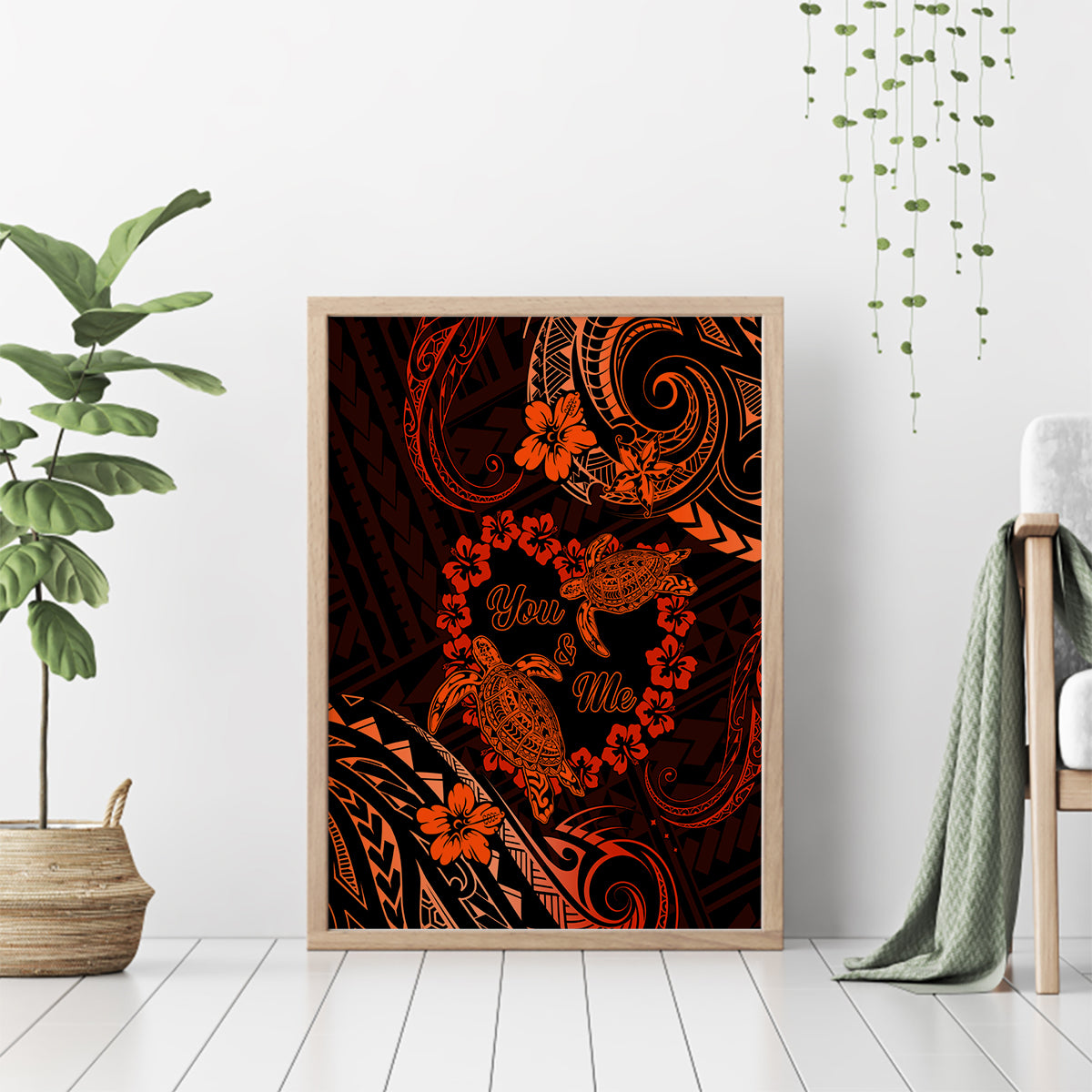 Polynesian Turtle Valentine Canvas Wall Art You And Me Orange Hibiscus Heart LT01 - Polynesian Pride