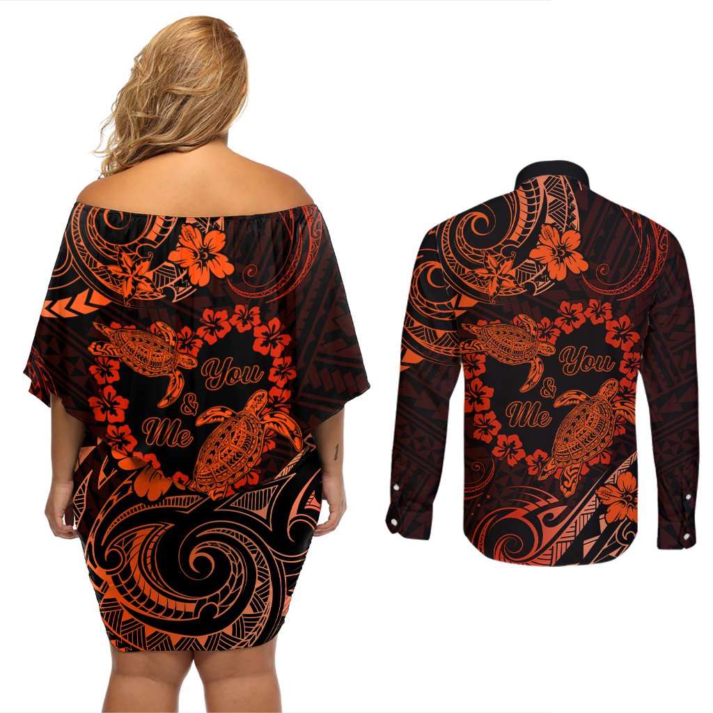 Polynesian Turtle Valentine Couples Matching Off Shoulder Short Dress and Long Sleeve Button Shirt You And Me Orange Hibiscus Heart LT01 - Polynesian Pride