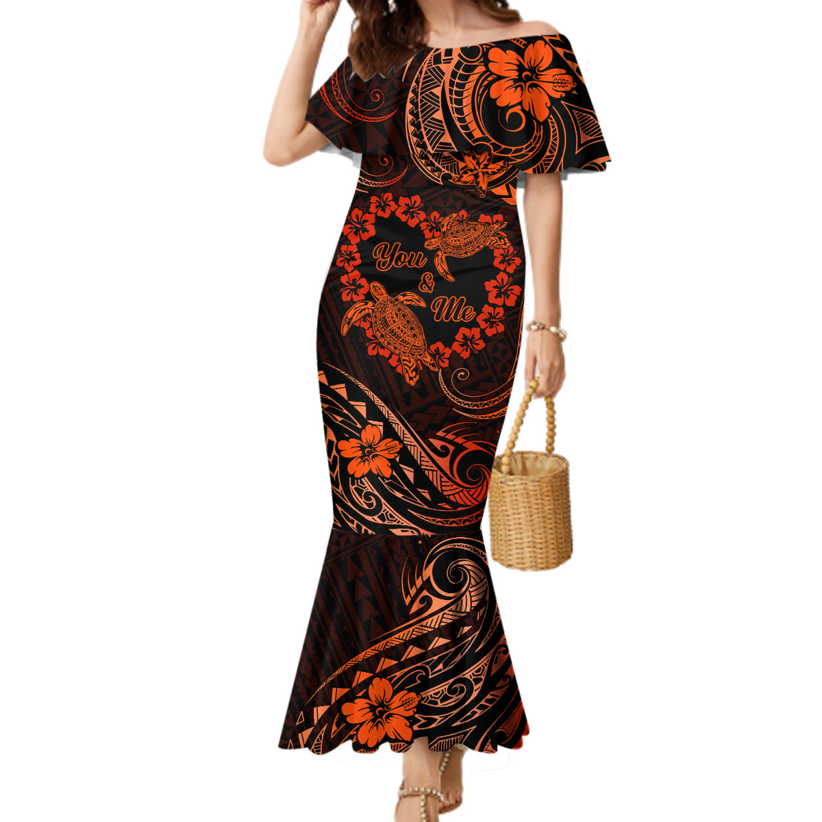 Polynesian Turtle Valentine Family Matching Mermaid Dress and Hawaiian Shirt You And Me Orange Hibiscus Heart LT01 Mom's Dress Orange - Polynesian Pride
