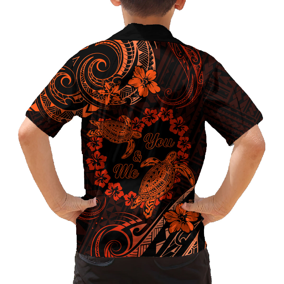 Polynesian Turtle Valentine Family Matching Puletasi and Hawaiian Shirt You And Me Orange Hibiscus Heart LT01 - Polynesian Pride