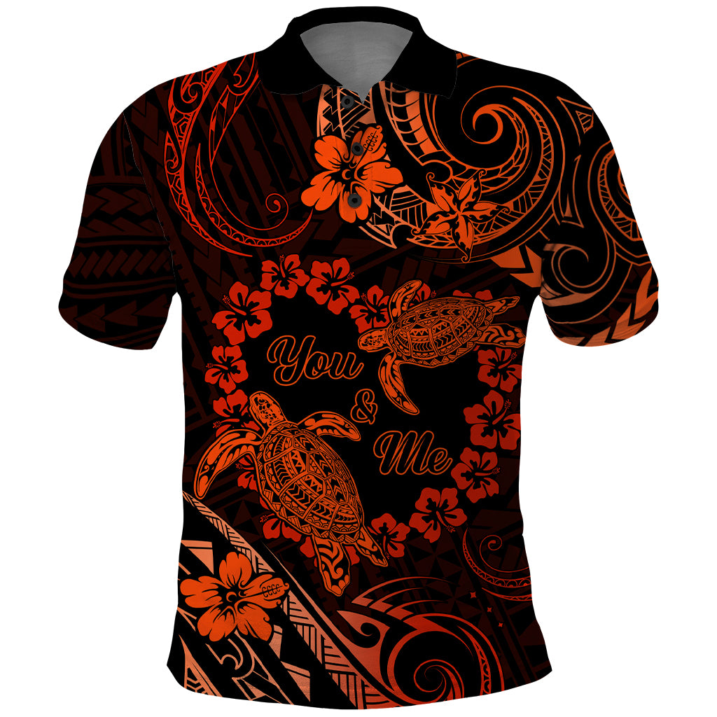 Polynesian Turtle Valentine Polo Shirt You And Me Orange Hibiscus Heart LT01 Orange - Polynesian Pride