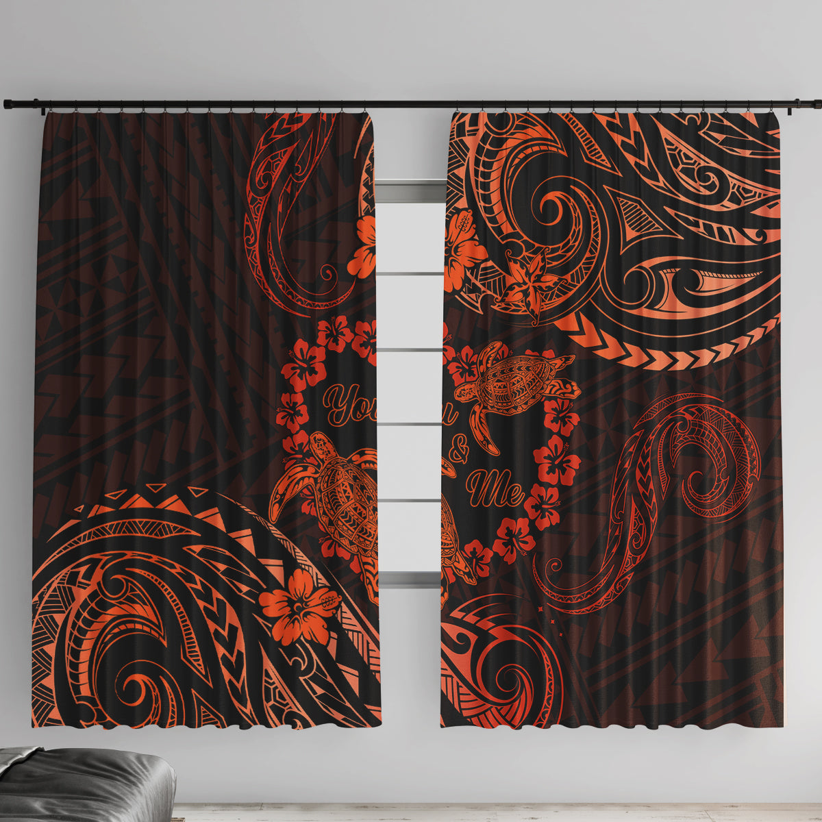 Polynesian Turtle Valentine Window Curtain You And Me Orange Hibiscus Heart LT01 With Hooks Orange - Polynesian Pride