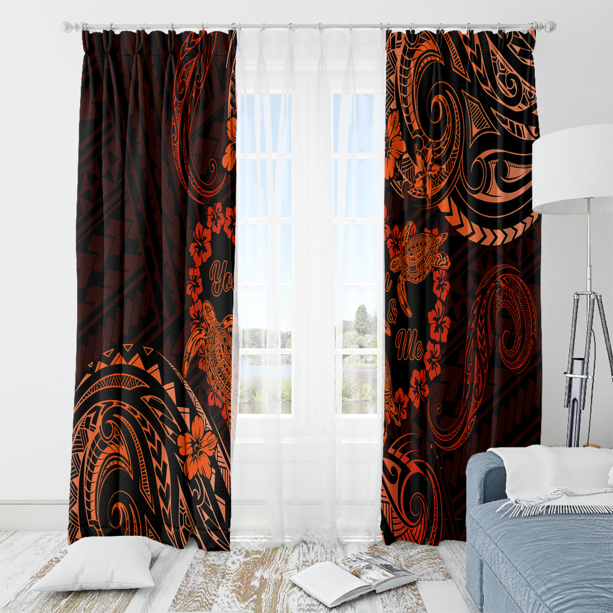Polynesian Turtle Valentine Window Curtain You And Me Orange Hibiscus Heart LT01 - Polynesian Pride