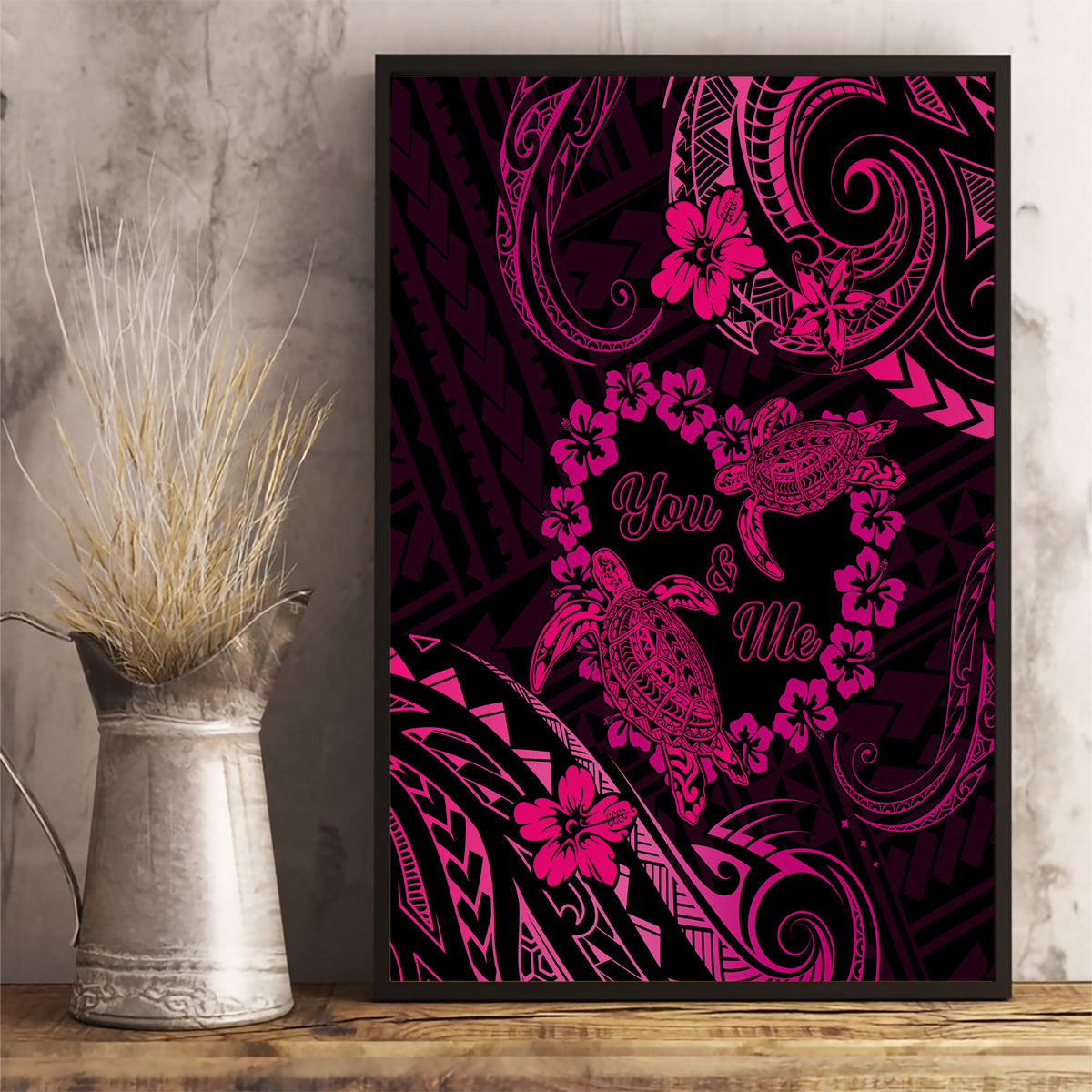 Polynesian Turtle Valentine Canvas Wall Art You And Me Pink Hibiscus Heart LT01 - Polynesian Pride