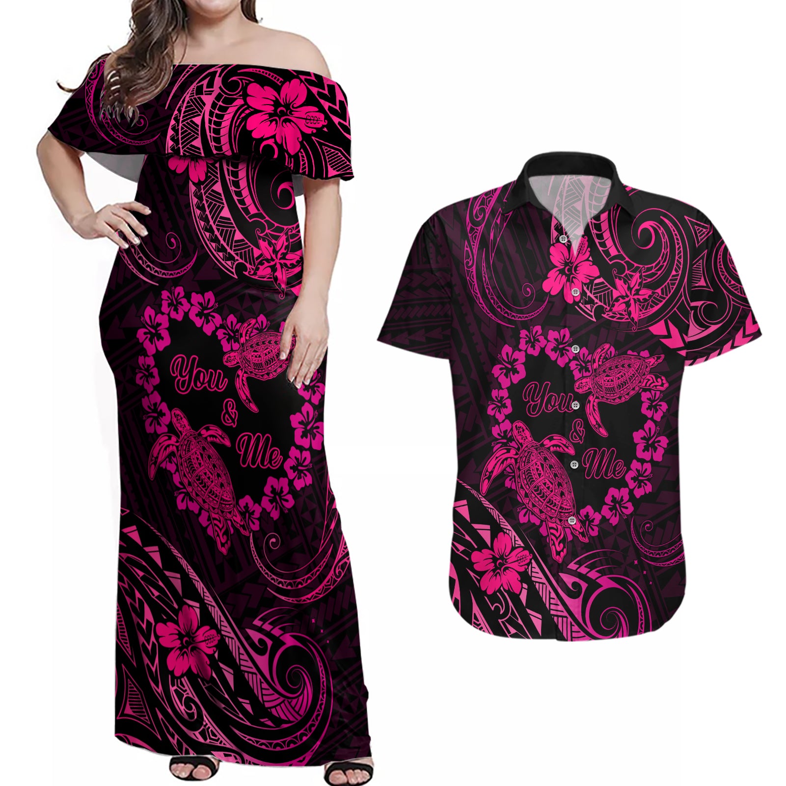 Polynesian Turtle Valentine Couples Matching Off Shoulder Maxi Dress and Hawaiian Shirt You And Me Pink Hibiscus Heart LT01 Pink - Polynesian Pride