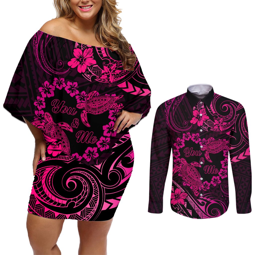 Polynesian Turtle Valentine Couples Matching Off Shoulder Short Dress and Long Sleeve Button Shirt You And Me Pink Hibiscus Heart LT01 Pink - Polynesian Pride