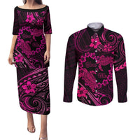 Polynesian Turtle Valentine Couples Matching Puletasi and Long Sleeve Button Shirt You And Me Pink Hibiscus Heart LT01 Pink - Polynesian Pride