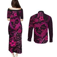 Polynesian Turtle Valentine Couples Matching Puletasi and Long Sleeve Button Shirt You And Me Pink Hibiscus Heart LT01 - Polynesian Pride