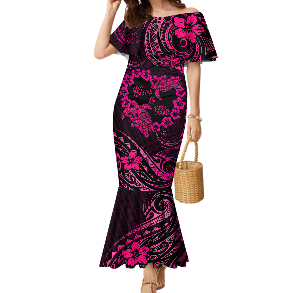 Polynesian Turtle Valentine Family Matching Mermaid Dress and Hawaiian Shirt You And Me Pink Hibiscus Heart LT01 Mom's Dress Pink - Polynesian Pride