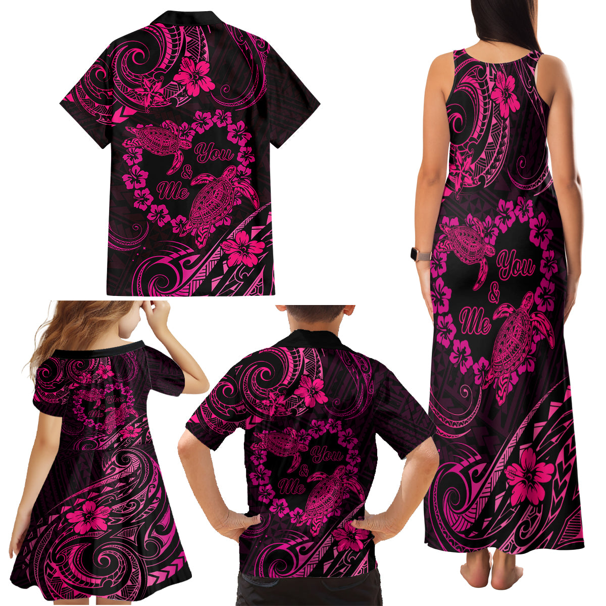 Polynesian Turtle Valentine Family Matching Tank Maxi Dress and Hawaiian Shirt You And Me Pink Hibiscus Heart LT01 - Polynesian Pride