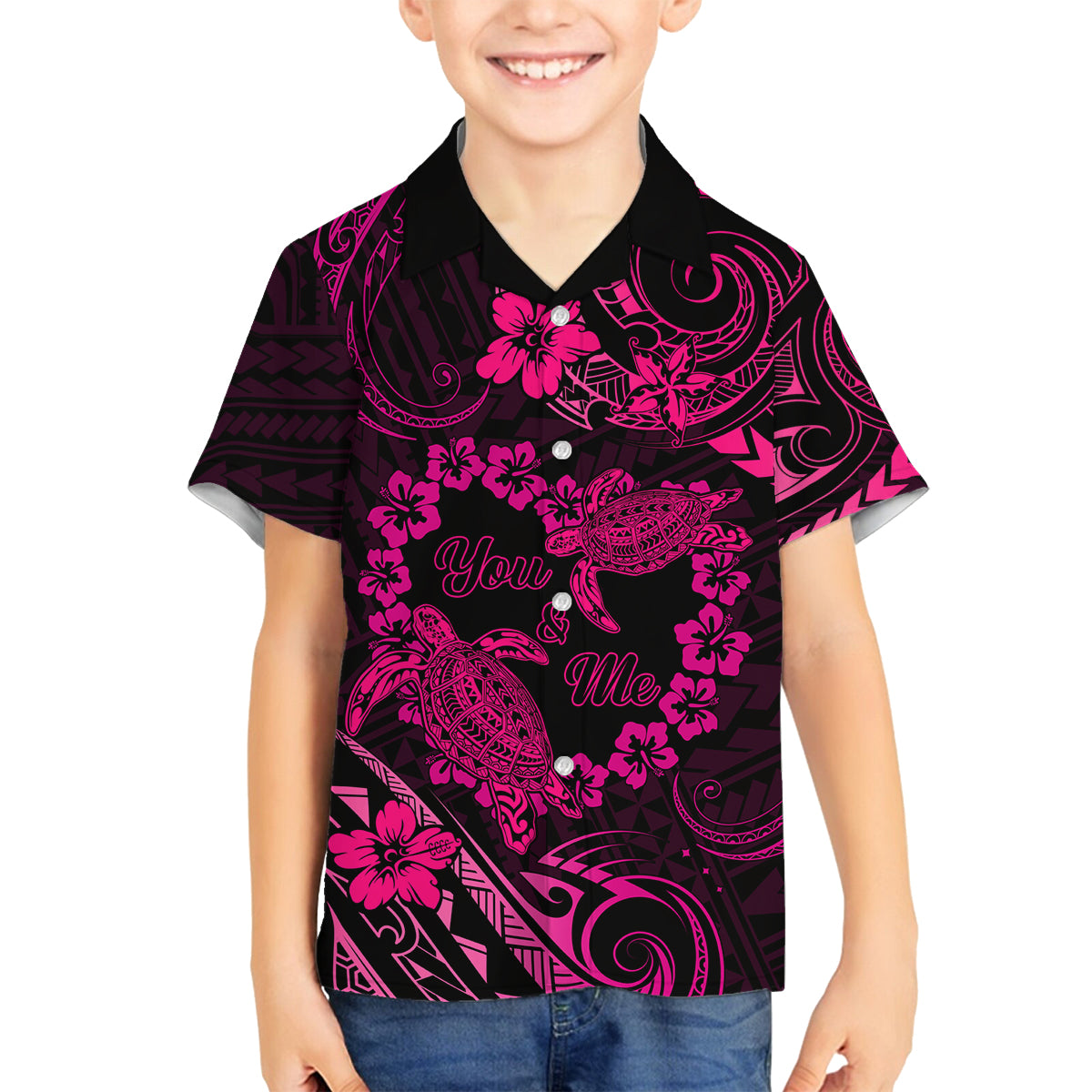 Polynesian Turtle Valentine Family Matching Tank Maxi Dress and Hawaiian Shirt You And Me Pink Hibiscus Heart LT01 Son's Shirt Pink - Polynesian Pride