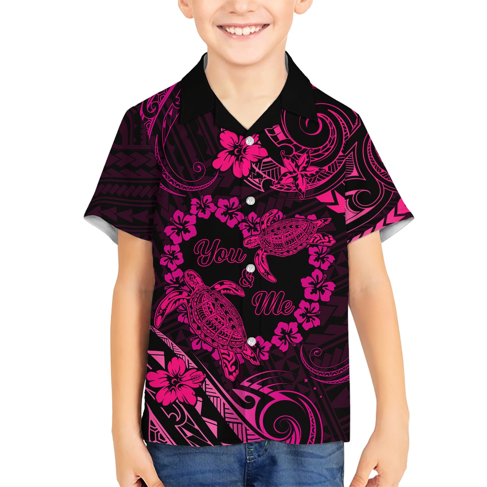 Polynesian Turtle Valentine Kid Hawaiian Shirt You And Me Pink Hibiscus Heart LT01 Kid Pink - Polynesian Pride